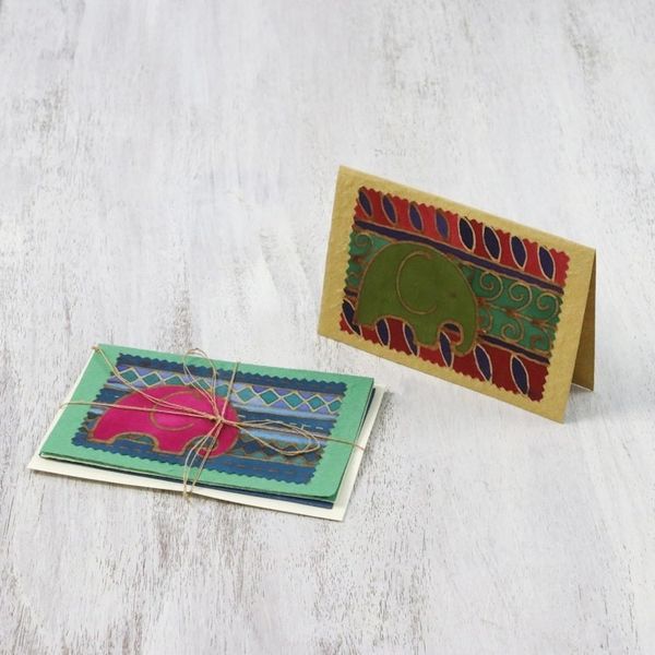 Alternate image for Batik Cotton and Paper Elephant Greeting Cards Set of 4 Elephant Journeys