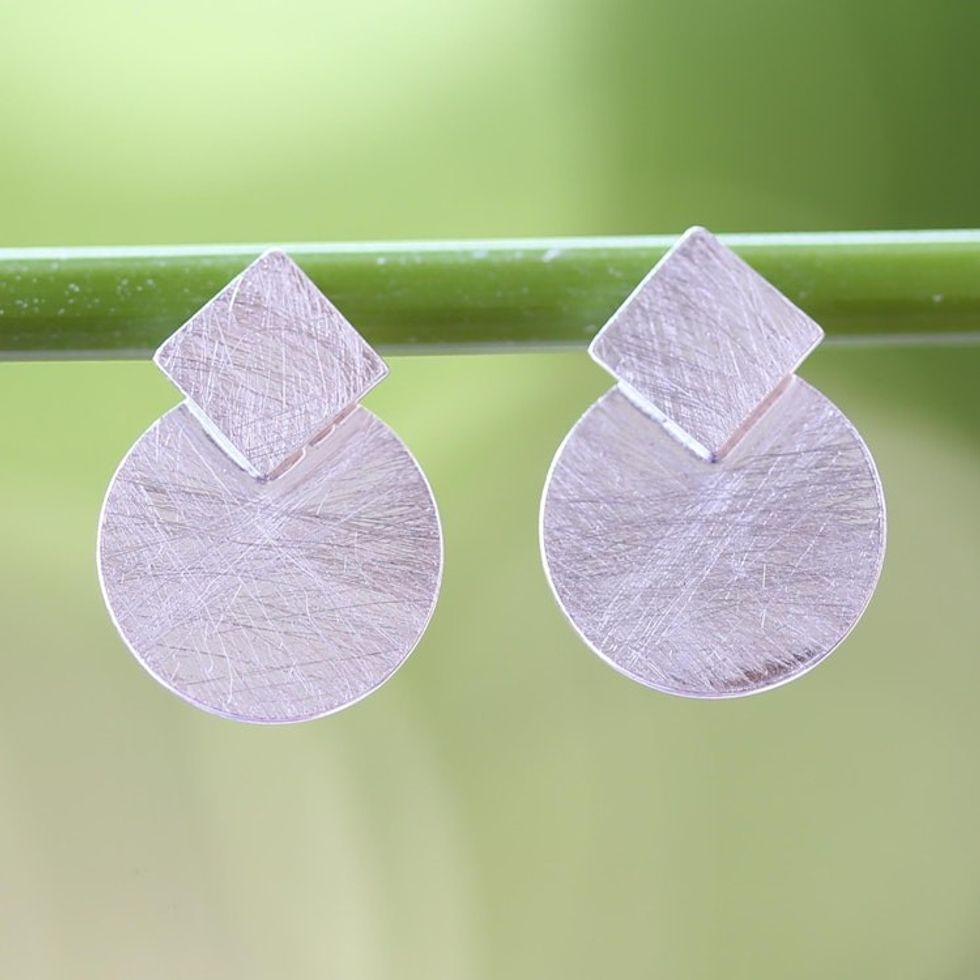 Circle and Rhombus Brushed Satin Sterling Silver Earrings 'Modern View'