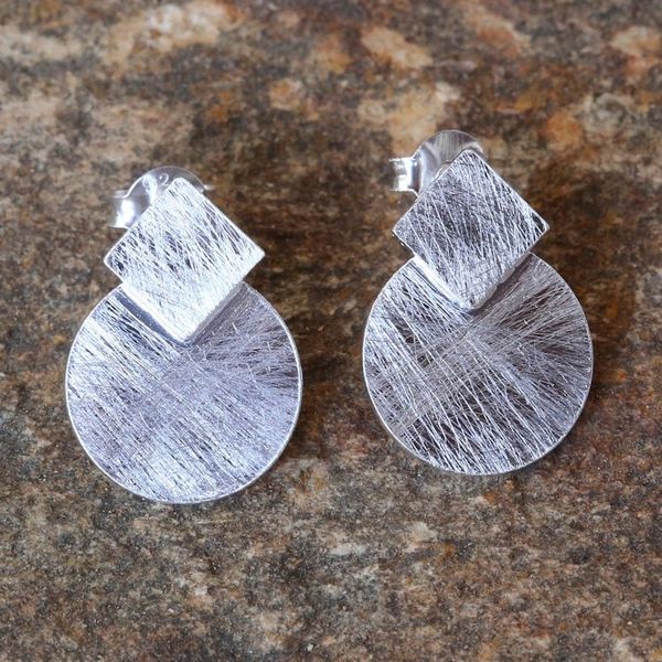Alternate image for Circle and Rhombus Brushed Satin Sterling Silver Earrings Modern View