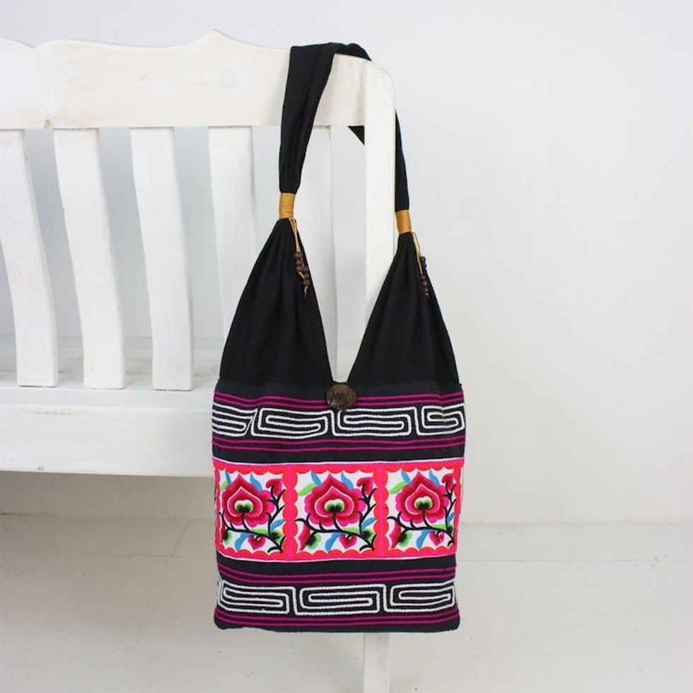 Pink Floral Cotton Blend Shoulder Bag from Thailand 'Thai Flora'