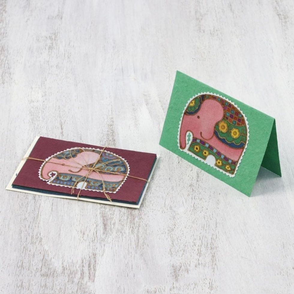 Four Cotton and Paper Elephant Greeting Cards from Thailand 'Friendly Elephants'
