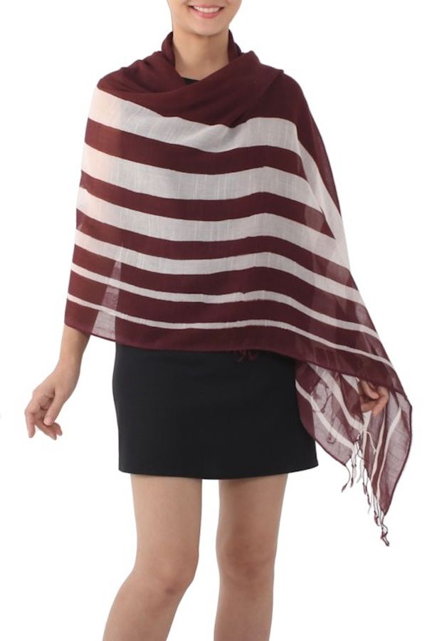 Alternate image for Handwoven Striped Cotton Shawl in Maroon from Thailand Cool Stripes in Maroon