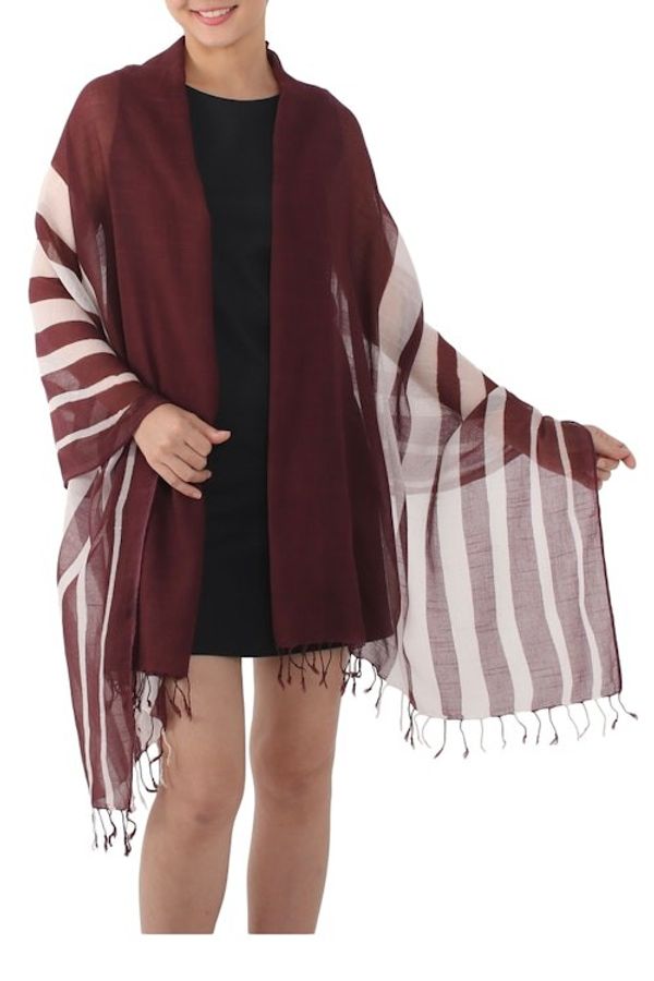 Alternate image for Handwoven Striped Cotton Shawl in Maroon from Thailand Cool Stripes in Maroon