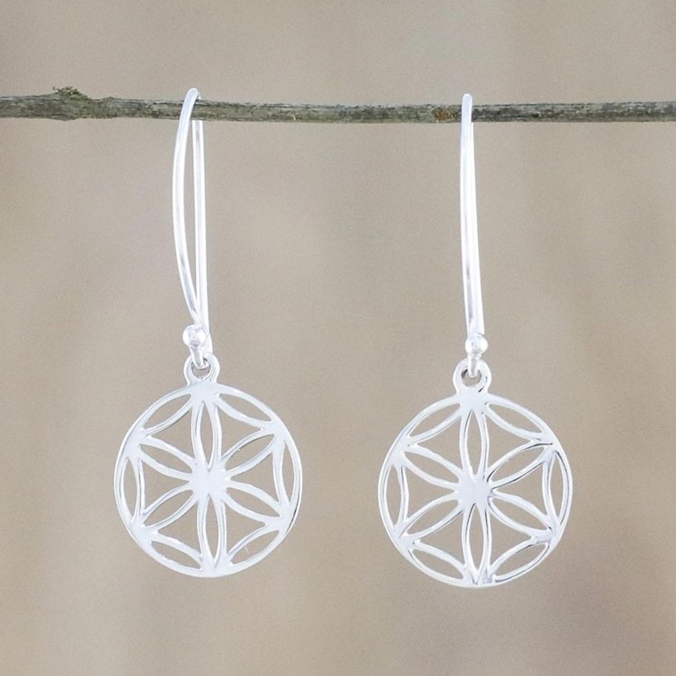 Thai Artisan Handmade Sterling Silver Floral Dangle Earrings 'Inner Blooms'