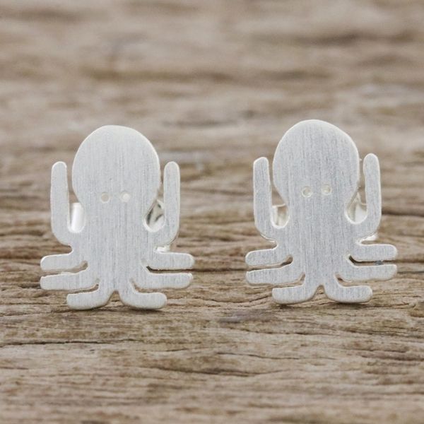 Alternate image for Sterling Silver Octopus Stud Earrings Handmade in Thailand Little Octopus