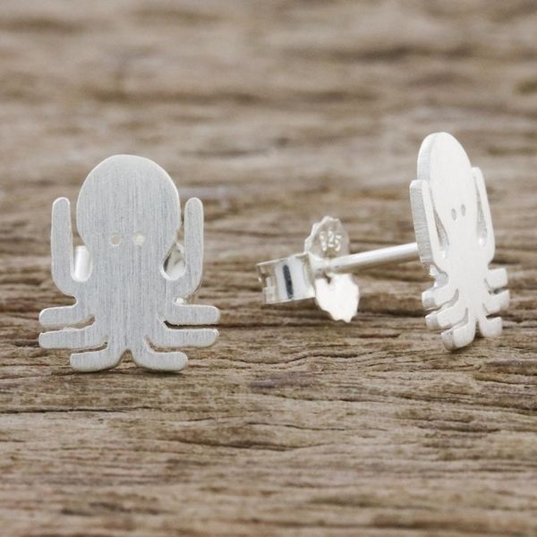 Alternate image for Sterling Silver Octopus Stud Earrings Handmade in Thailand Little Octopus