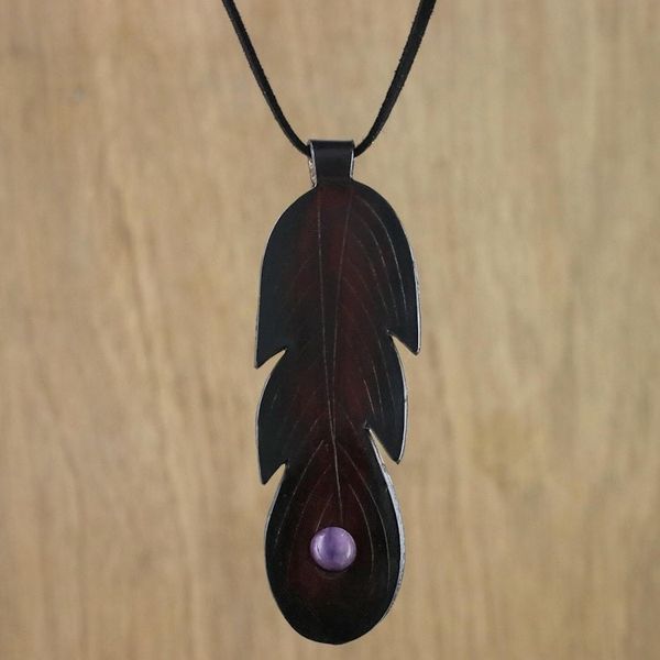 Alternate image for Brown Leather Feather Pendant Necklace with Amethyst Feather Spirit