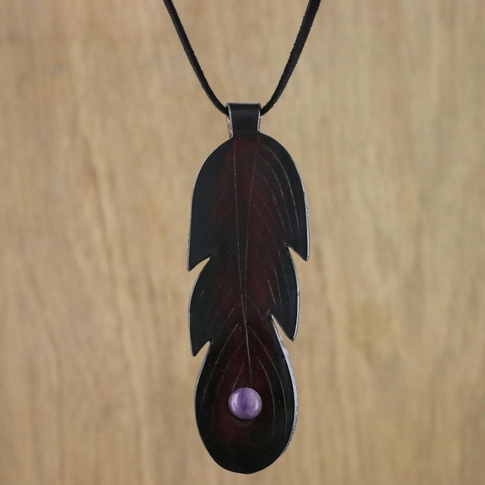 Brown Leather Feather Pendant Necklace with Amethyst 'Feather Spirit'