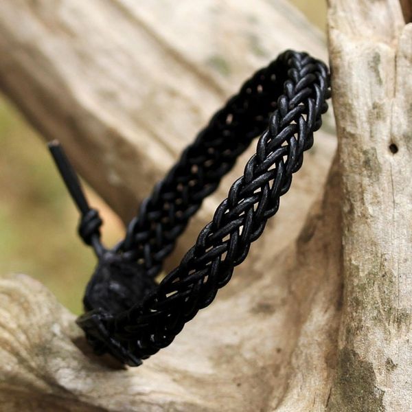 Alternate image for Black Leather Braided Bracelet with Silver from Thailand Fun Times in Black