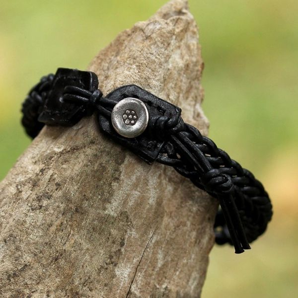 Alternate image for Black Leather Braided Bracelet with Silver from Thailand Fun Times in Black