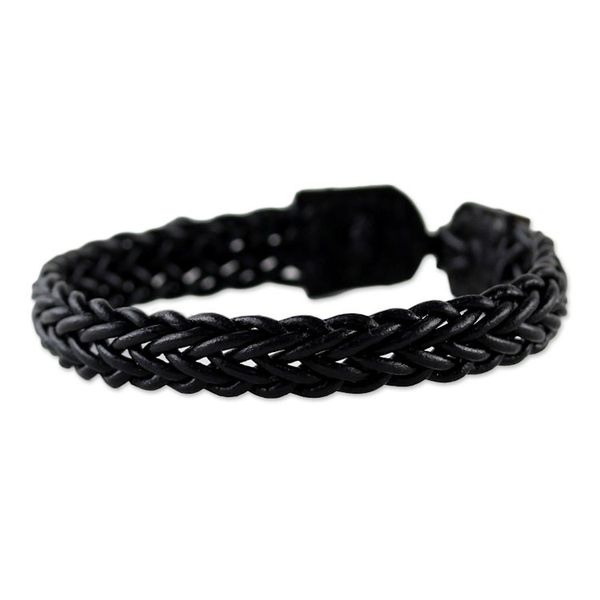Alternate image for Black Leather Braided Bracelet with Silver from Thailand Fun Times in Black