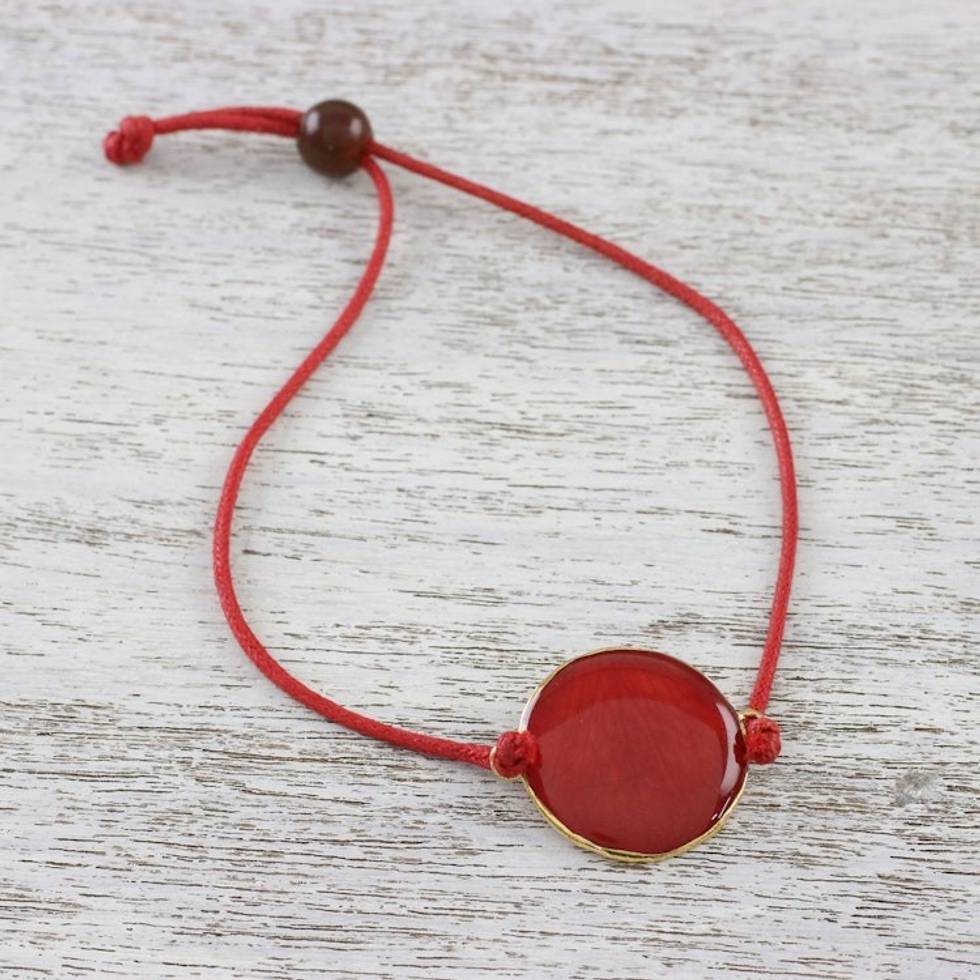 Gold Accented Natural Rose Petal Waxed Cotton Cord Bracelet 'Crimson Delight'