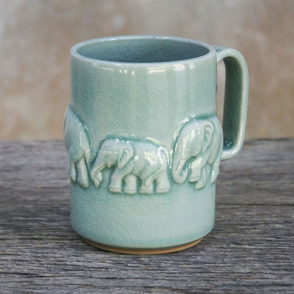 Artisan Handmade Celadon Ceramic Elephant Mug from Thailand 'Celadon Parade'