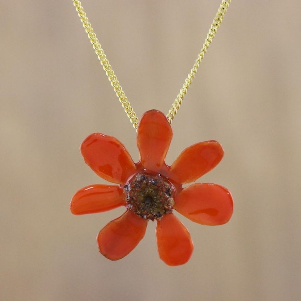 22k Gold Plated Red Zinnia Flower Pendant from Thailand 'Zinnia Charm in Scarlet'