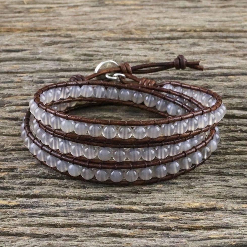 Chalcedony and Leather Beaded Wrap Bracelet from Thailand 'Spring Fog'