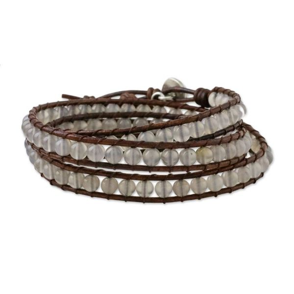 Alternate image for Chalcedony and Leather Beaded Wrap Bracelet from Thailand Spring Fog