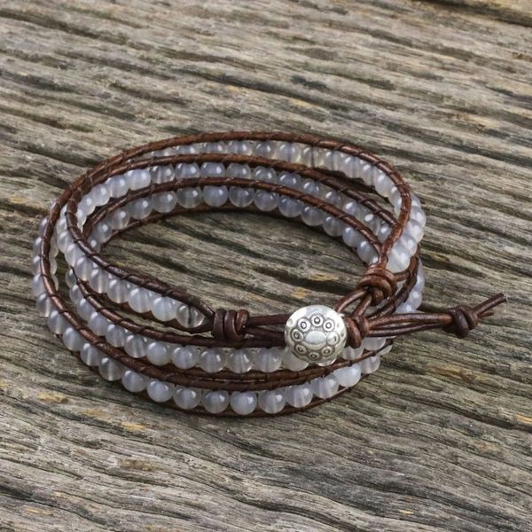 Alternate image for Chalcedony and Leather Beaded Wrap Bracelet from Thailand Spring Fog