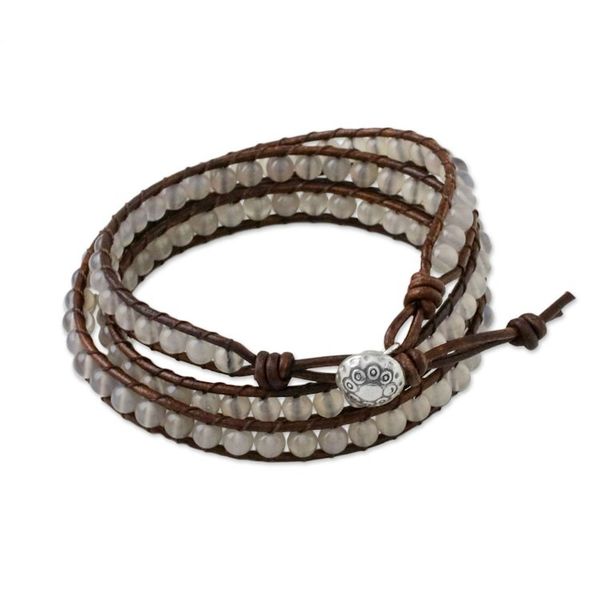 Alternate image for Chalcedony and Leather Beaded Wrap Bracelet from Thailand Spring Fog