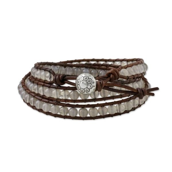 Alternate image for Chalcedony and Leather Beaded Wrap Bracelet from Thailand Spring Fog