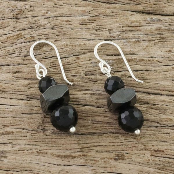 Alternate image for Onyx and Hematite Dangle Earrings from Thailand Style by Night