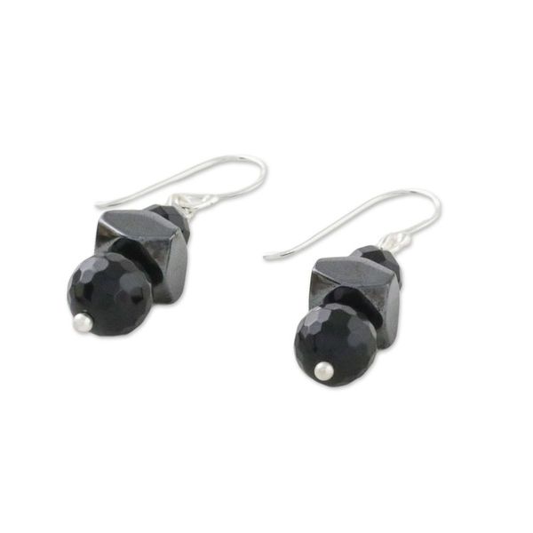 Alternate image for Onyx and Hematite Dangle Earrings from Thailand Style by Night