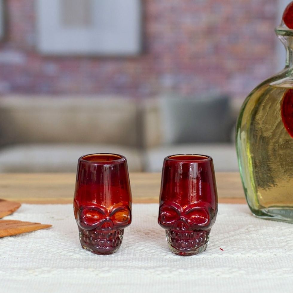 2 Red Skull-Themed Handblown Recycled Glass Tequila Glasses 'Red Mexican Skull'