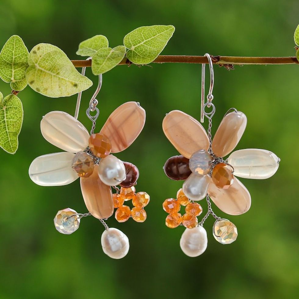 Quartz and Cultured Pearl Dangle Earrings from Thailand 'Elegant Flora'