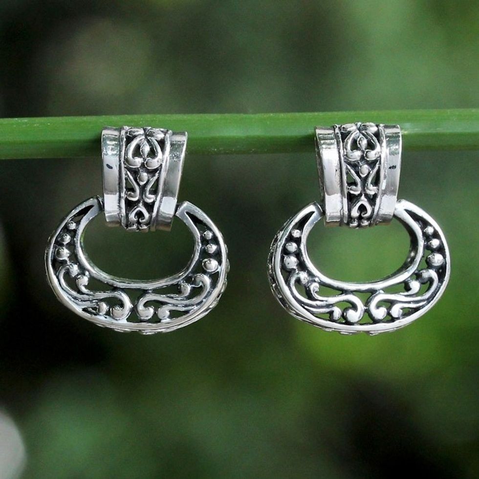 Elegant Sterling Silver Oval Dangle Earrings from Thailand 'Ornate Chiang Mai'