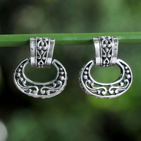 Alternate image for Elegant Sterling Silver Oval Dangle Earrings from Thailand Ornate Chiang Mai
