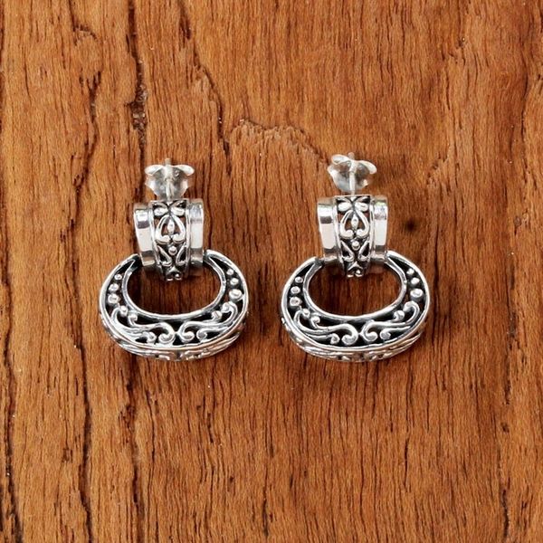 Alternate image for Elegant Sterling Silver Oval Dangle Earrings from Thailand Ornate Chiang Mai