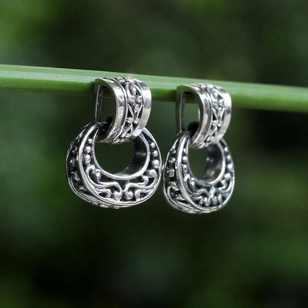 Alternate image for Elegant Sterling Silver Oval Dangle Earrings from Thailand Ornate Chiang Mai