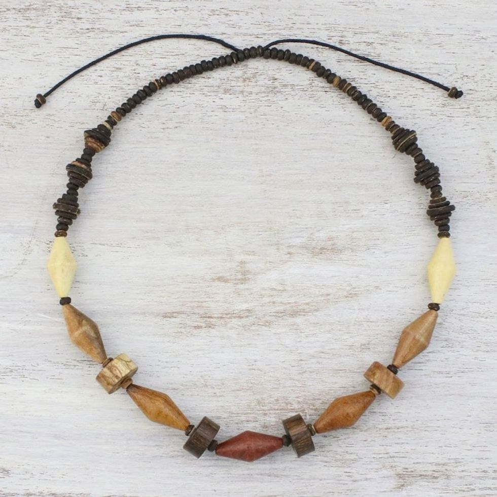 Wood and Coconut Shell Long Bead Necklace from Thailand 'Summer Traveler'