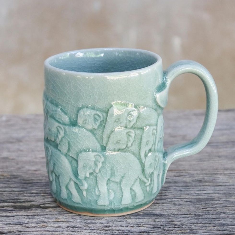Elephant Themed Aqua Celadon Ceramic Mug 'Herd on Parade'