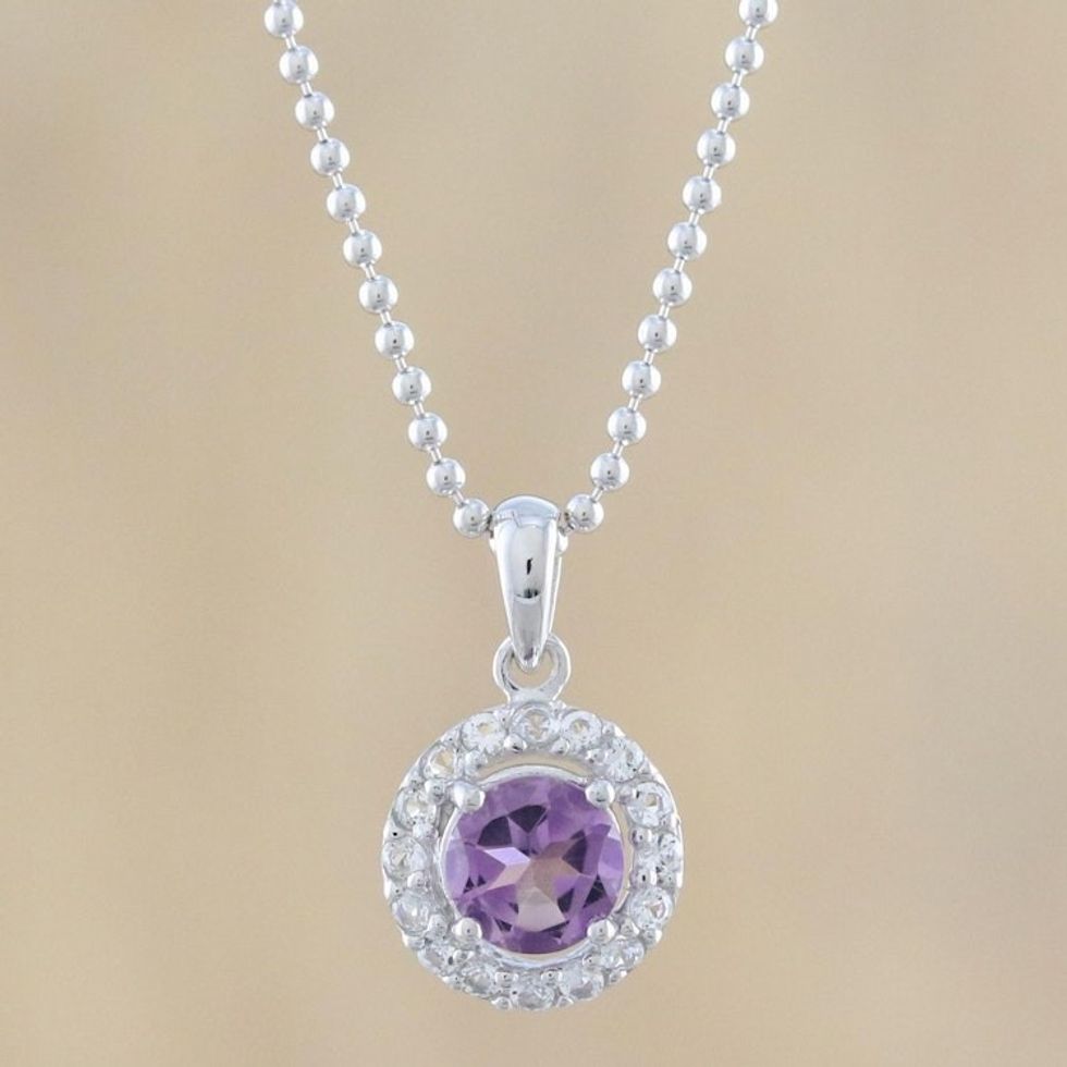 Circular Amethyst and CZ Pendant Necklace from Thailand 'Violet Sparkle'