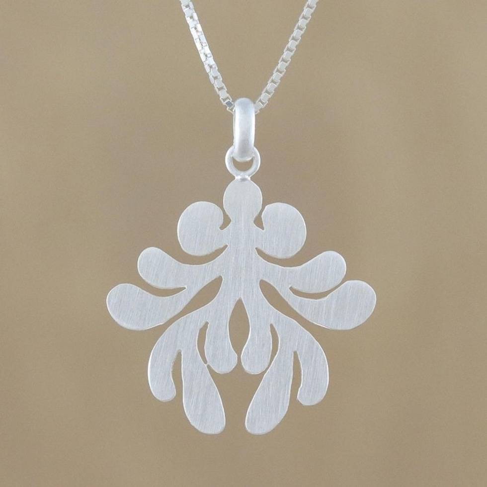 Brushed-Satin Sterling Silver Pendant Necklace from Thailand 'Symmetric Fern'