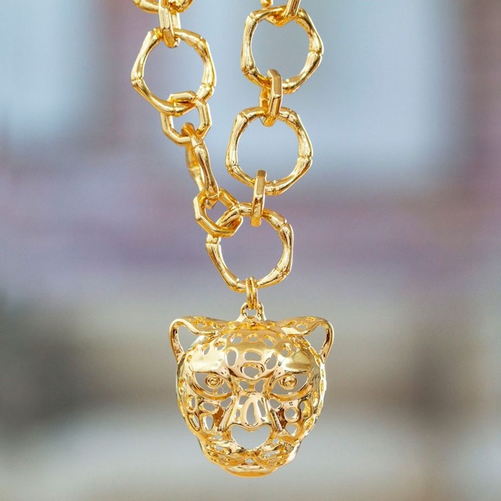 High-Polished Jaguar-Themed 24k Gold-Plated Pendant Necklace 'Divine Jaguar'