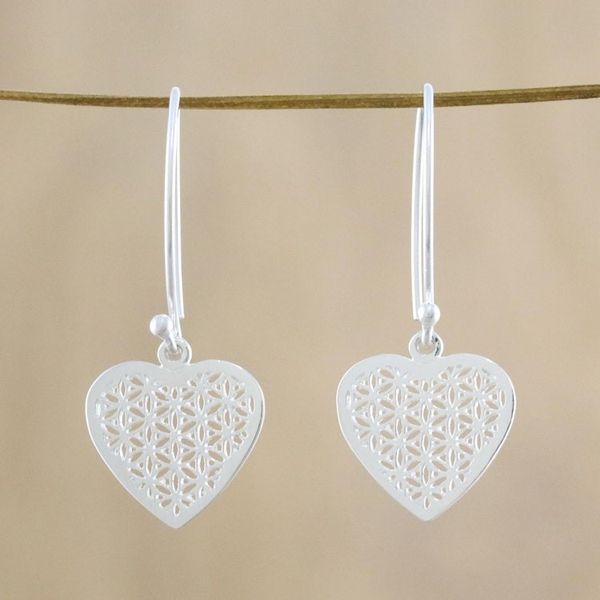 Alternate image for Sterling Silver Fractal Heart Dangle Earrings from Thailand Fractal Heart