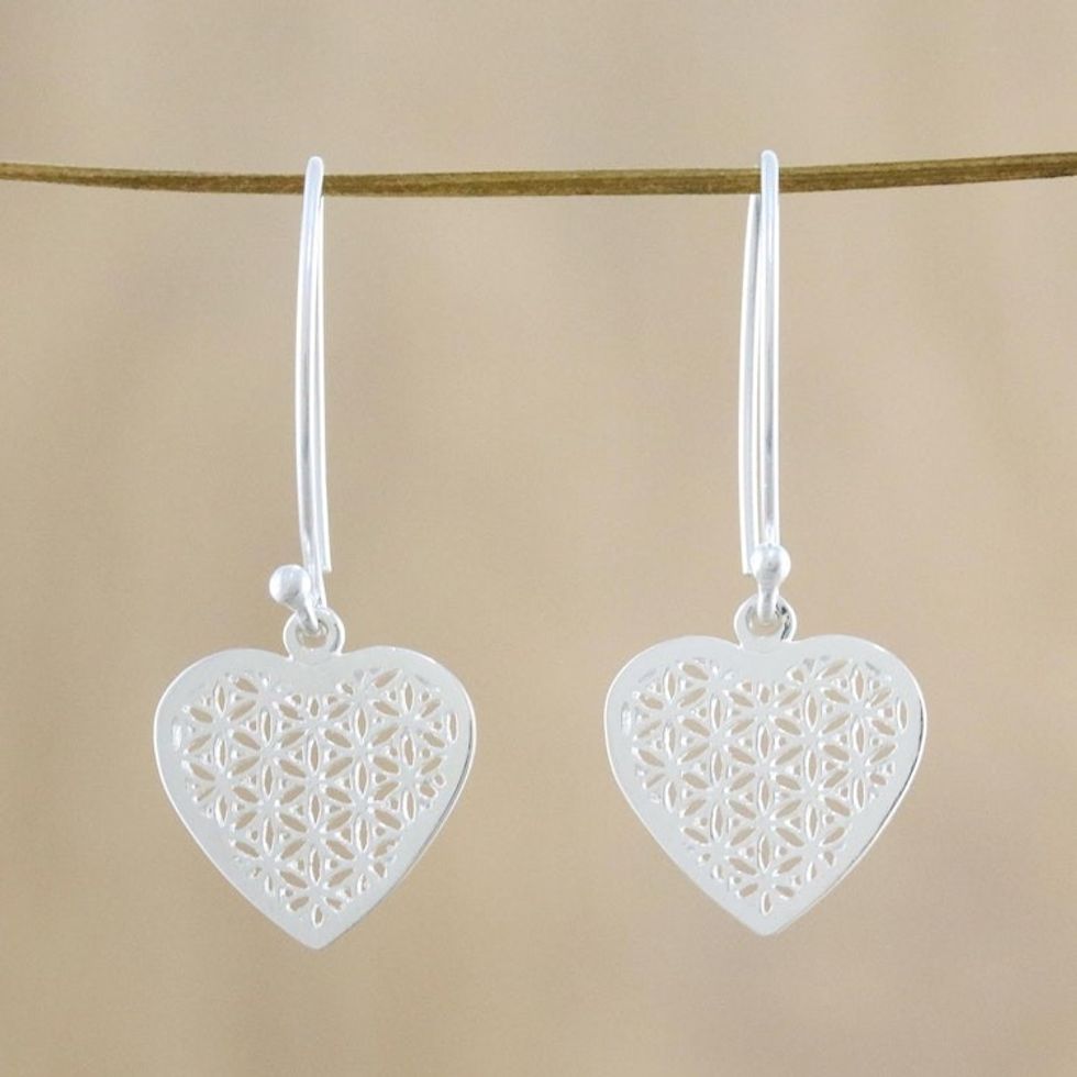 Sterling Silver Fractal Heart Dangle Earrings from Thailand 'Fractal Heart'