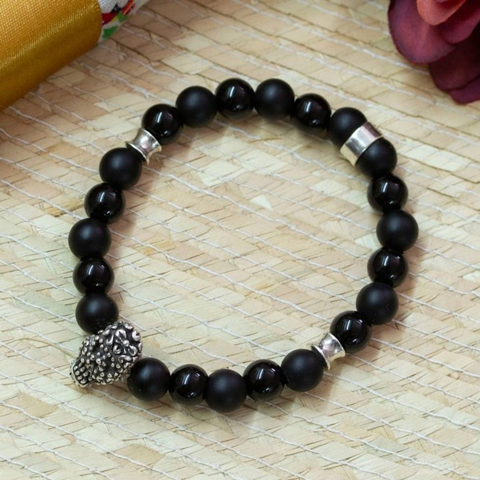 Men's Onyx Stretch Bracelet with Taxco Silver Skull Pendant 'Enchanted Skull'