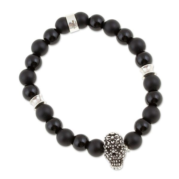 Alternate image for Mens Onyx Stretch Bracelet with Taxco Silver Skull Pendant Enchanted Skull