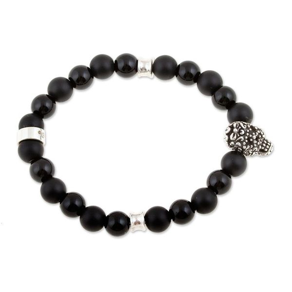 Alternate image for Mens Onyx Stretch Bracelet with Taxco Silver Skull Pendant Enchanted Skull
