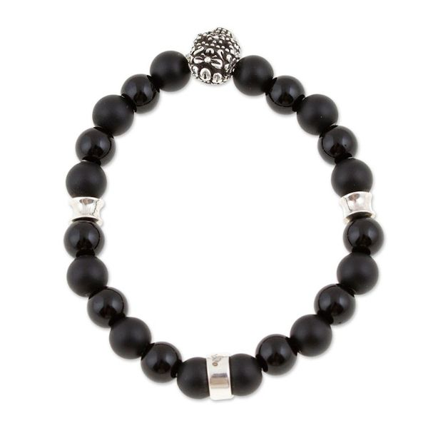 Alternate image for Mens Onyx Stretch Bracelet with Taxco Silver Skull Pendant Enchanted Skull