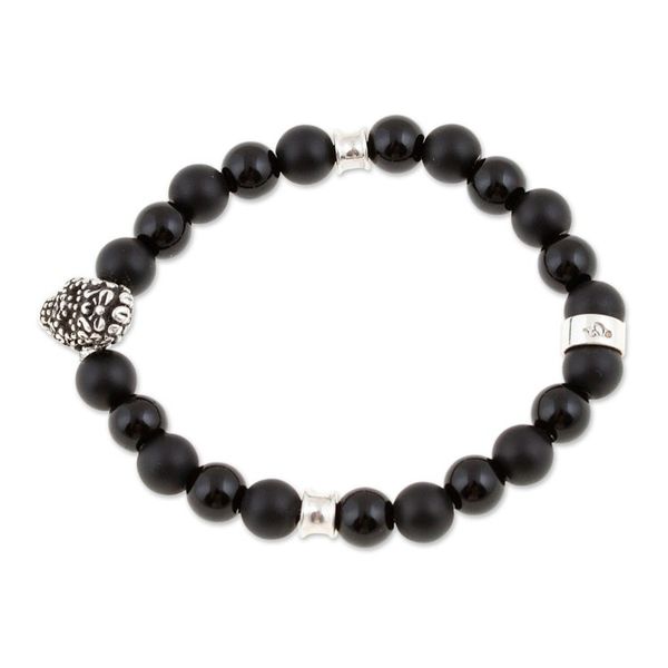 Alternate image for Mens Onyx Stretch Bracelet with Taxco Silver Skull Pendant Enchanted Skull