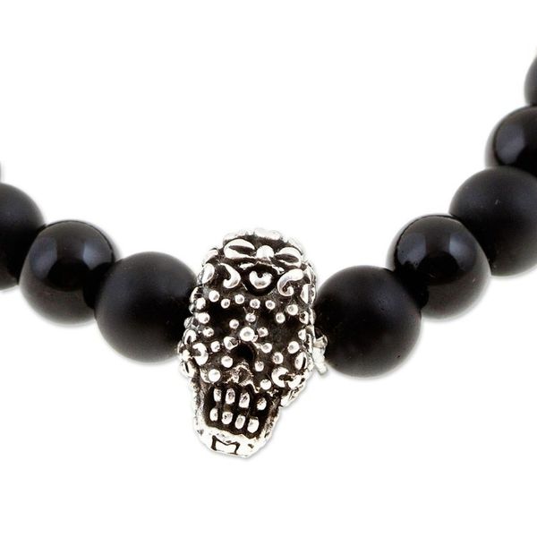 Alternate image for Mens Onyx Stretch Bracelet with Taxco Silver Skull Pendant Enchanted Skull
