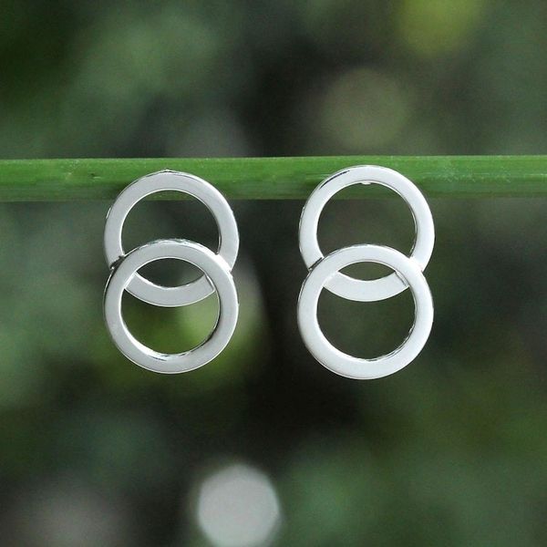 Alternate image for Thai Sterling Silver Geometric Circle Modern Button Earrings Forever Circles