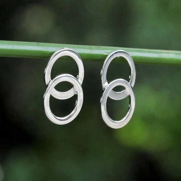 Alternate image for Thai Sterling Silver Geometric Circle Modern Button Earrings Forever Circles