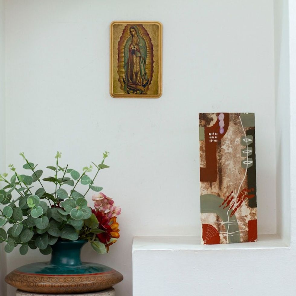 Decoupage on Pinewood Wall Plaque of Our Lady of Guadalupe 'Our Lady of Tepeyac'