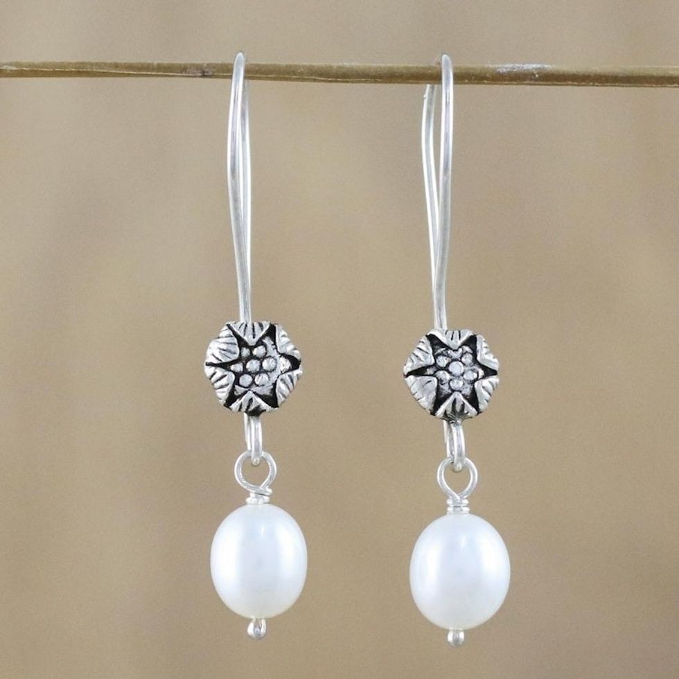White Cultured Pearl Flower Dangle Earrings 'Emerging Buds'