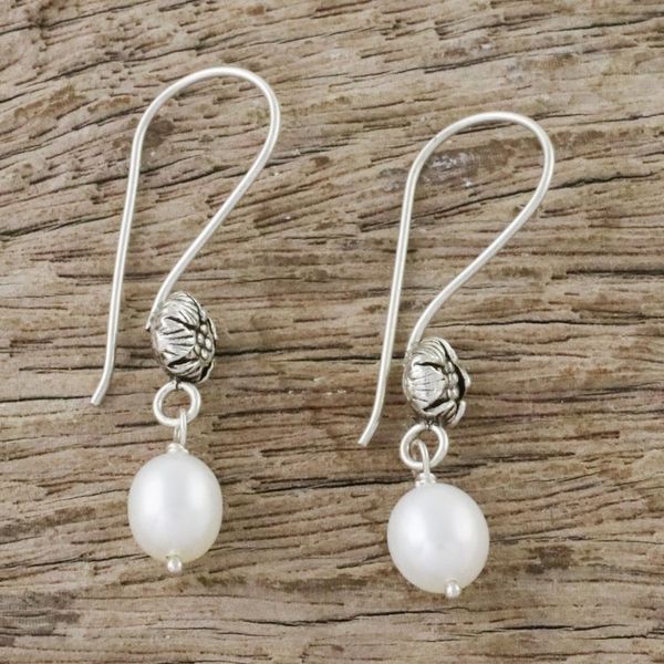 Alternate image for White Cultured Pearl Flower Dangle Earrings Emerging Buds
