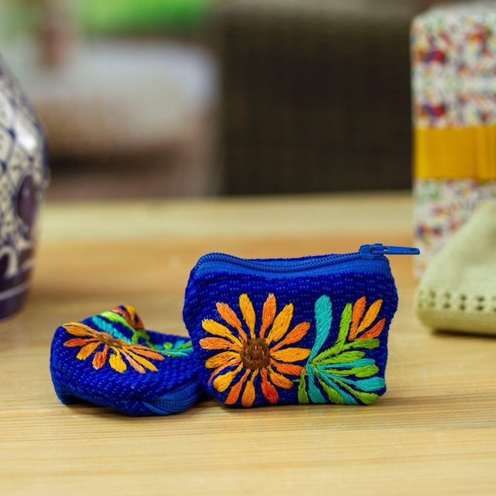 Zippered Royal Blue Cotton Coin Purse Pair with Floral Theme 'Royal Blue Spring'